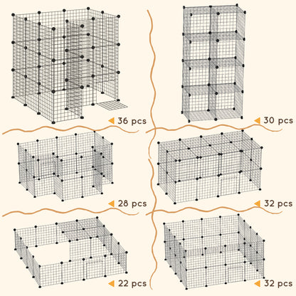 Six black wire playpen layouts shown with different panel counts