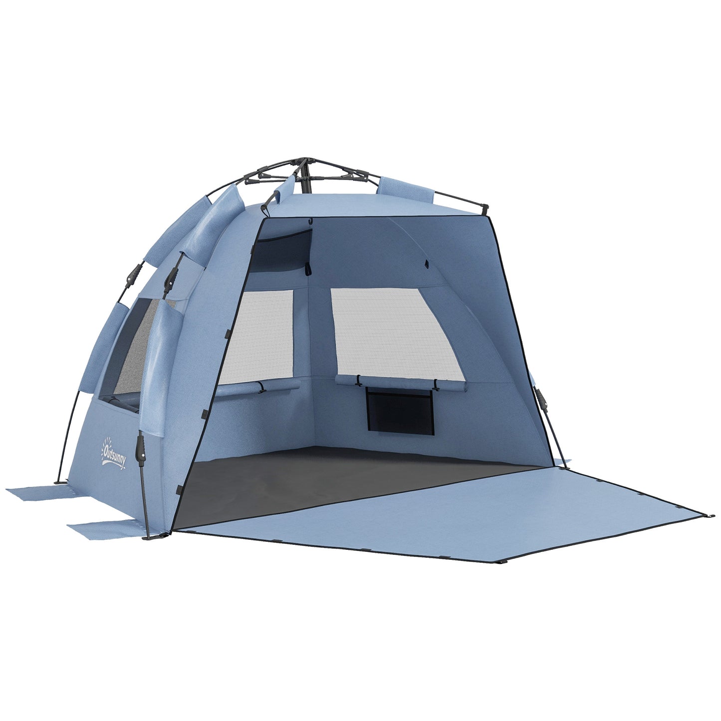 Photo of Outsunny 2-3 Person Pop Up Beach Tent, UPF15+ Sun Shelter with Extended Floor, Sandbags, Mesh Windows and Carry Bag, Light Blue in Blue colour on a white background