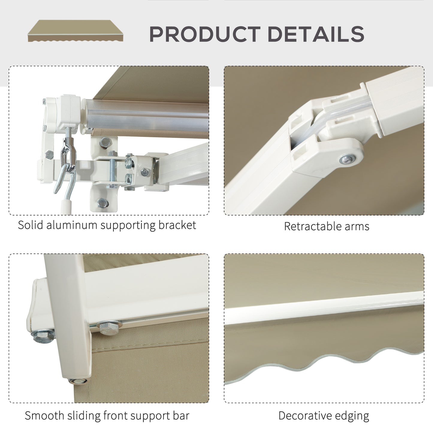 Outsunny 2.5x2 m Manual Retractable Awning-Khaki Canopy, White Frame