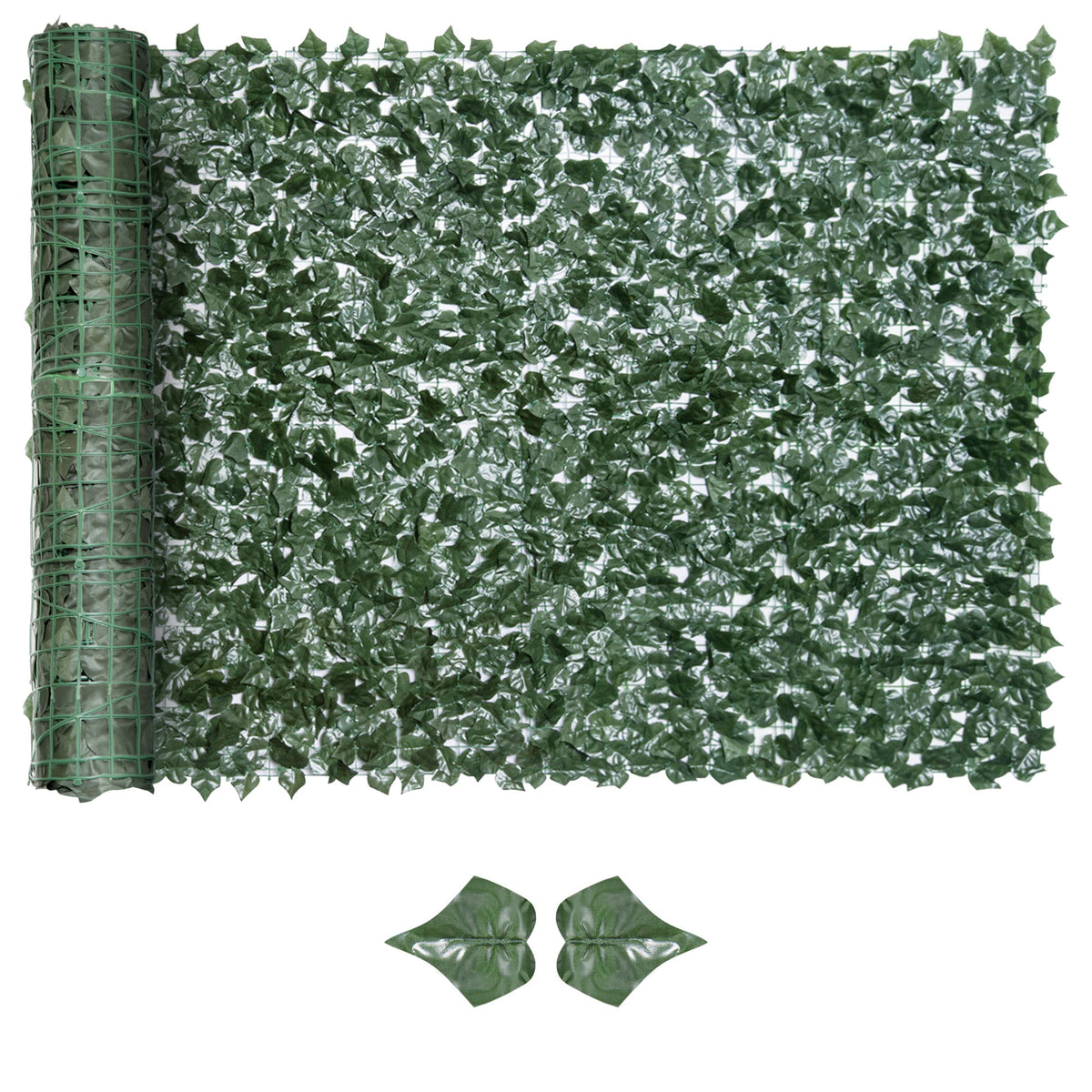 Outsunny artificial leaf hedge screen panel, dark green, shown unrolled with two loose leaves