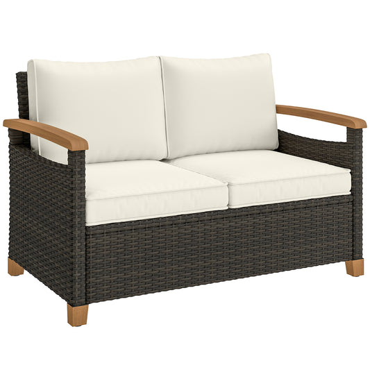 Photo of Outsunny 2 Seater Rattan Garden Sofa, Outdoor Sofa with Thickened Cushions and Acacia Wood Armrests, Brown in Brown colour on a white background