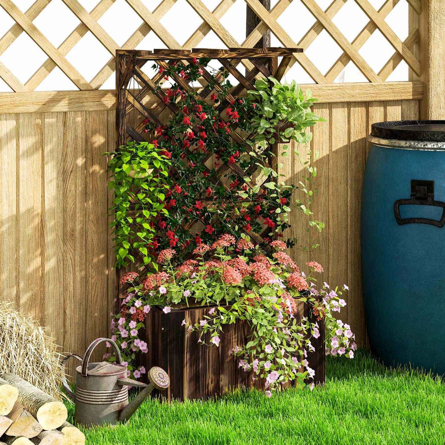 Outsunny Wooden Planter with Trellis, Freestanding Raised Garden Bed with Drainage Holes, Outdoor Planter Box with Liner for Vegetables, Herbs and Flowers, Carbonised