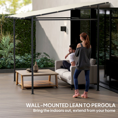 Wall-mounted lean-to pergola with cream canopy over a patio seating area