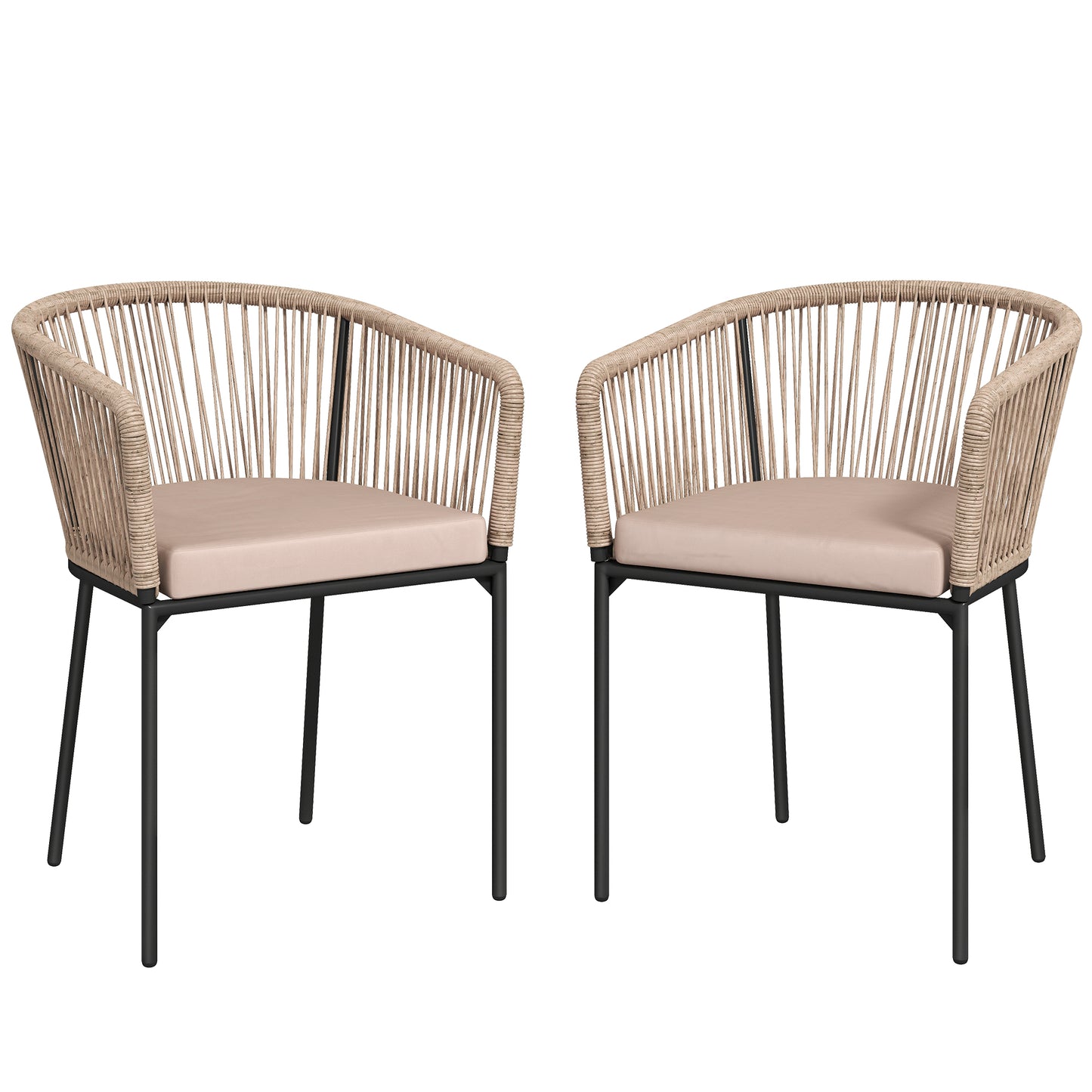 Photo of Outsunny Garden Chairs Set of 2, Rattan Garden Dining Chairs with String Back Armrests, Cushions, Natural Wood Finish in Finish colour on a white background
