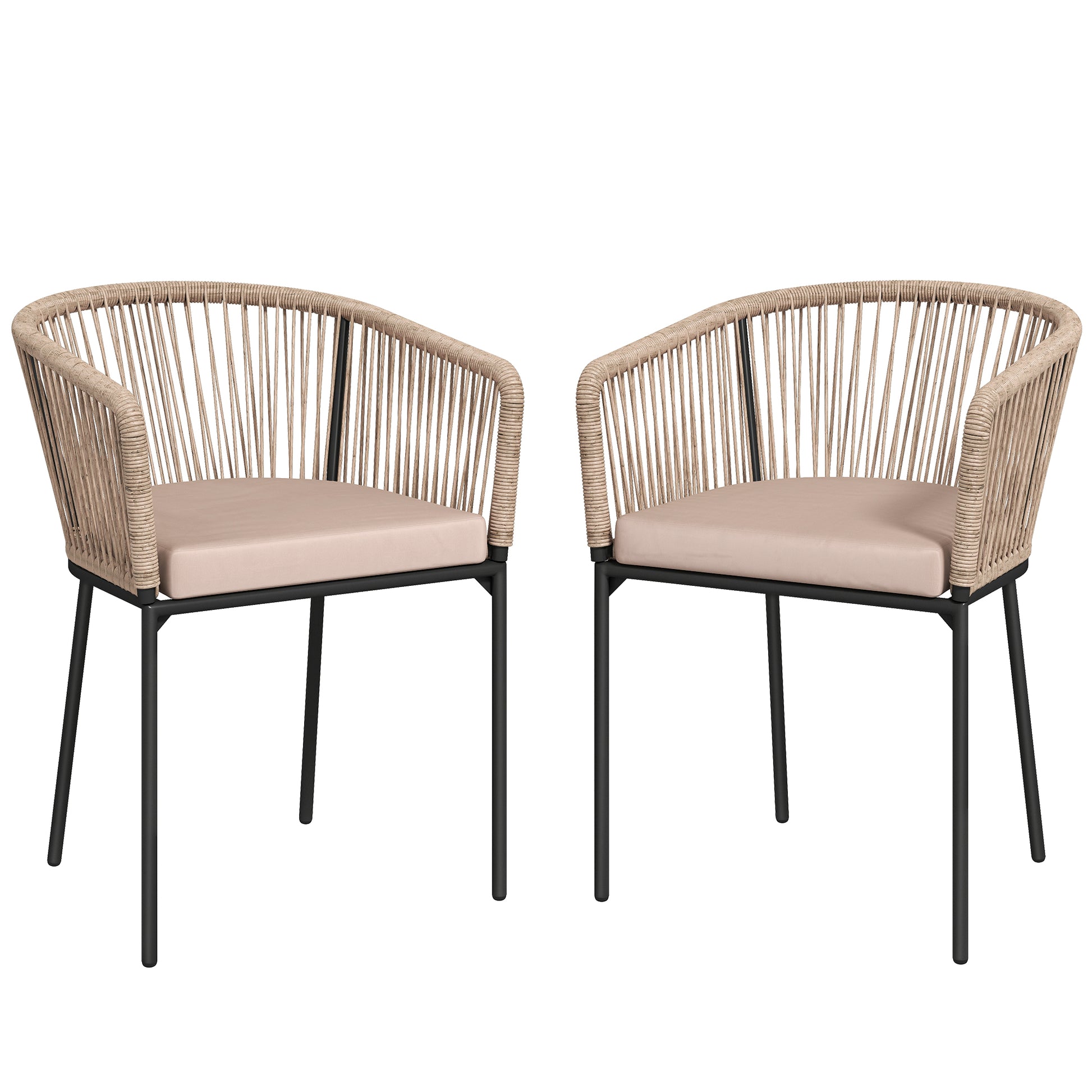Photo of Outsunny Garden Chairs Set of 2, Rattan Garden Dining Chairs with String Back Armrests, Cushions, Natural Wood Finish in Finish colour on a white background