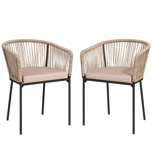 Photo of Outsunny Garden Chairs Set of 2, Rattan Garden Dining Chairs with String Back Armrests, Cushions, Natural Wood Finish in Finish colour on a white background