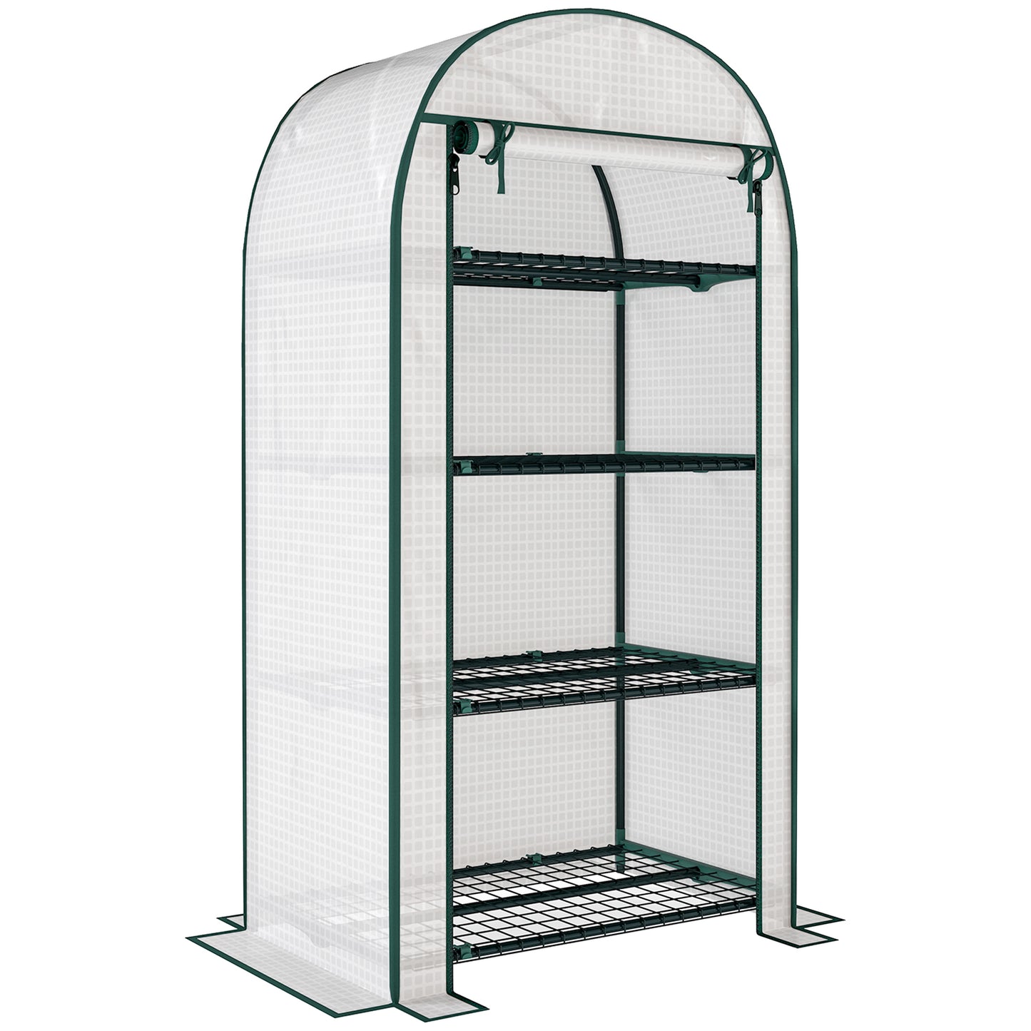 Photo of Outsunny 4 Tier Mini Greenhouse for Outdoor, Portable Gardening Plant Green House with Storage Shelf, Roll-Up Zipped Door, Metal Frame and PE Cover, 80 x 49 x 160cm, White in White colour on a white background
