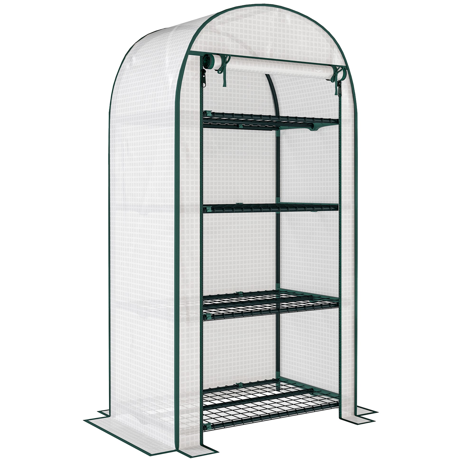 Photo of Outsunny 4 Tier Mini Greenhouse for Outdoor, Portable Gardening Plant Green House with Storage Shelf, Roll-Up Zipped Door, Metal Frame and PE Cover, 80 x 49 x 160cm, White in White colour on a white background