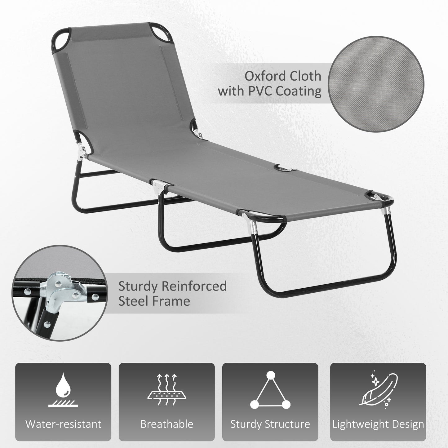Outsunny Foldable Sun Lounger with 5-Position Adjustable Backrest, Outdoor Portable Recliner Chaise Lounge Chair with Oxford Fabric for Patio, Beach, Garden, Camping, Grey