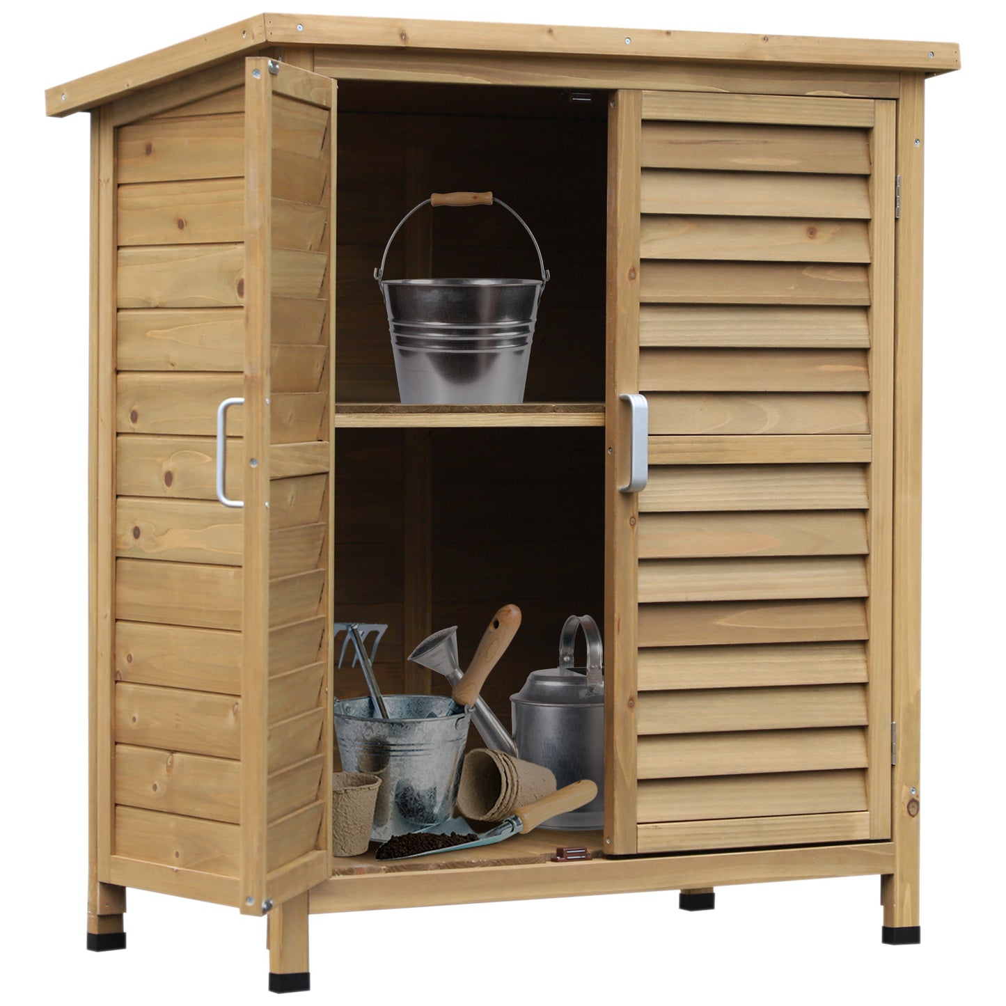 Photo of Outsunny Garden Shed Wooden Garden Storage Shed 2 Door Unit Solid Fir Wood Garage Tool Organisation Cabinet, 87L x 46.5W x 96.5Hcm, Natural in Natural colour on a white background