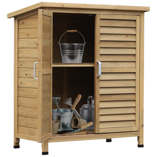 Photo of Outsunny Garden Shed Wooden Garden Storage Shed 2 Door Unit Solid Fir Wood Garage Tool Organisation Cabinet, 87L x 46.5W x 96.5Hcm, Natural in Natural colour on a white background
