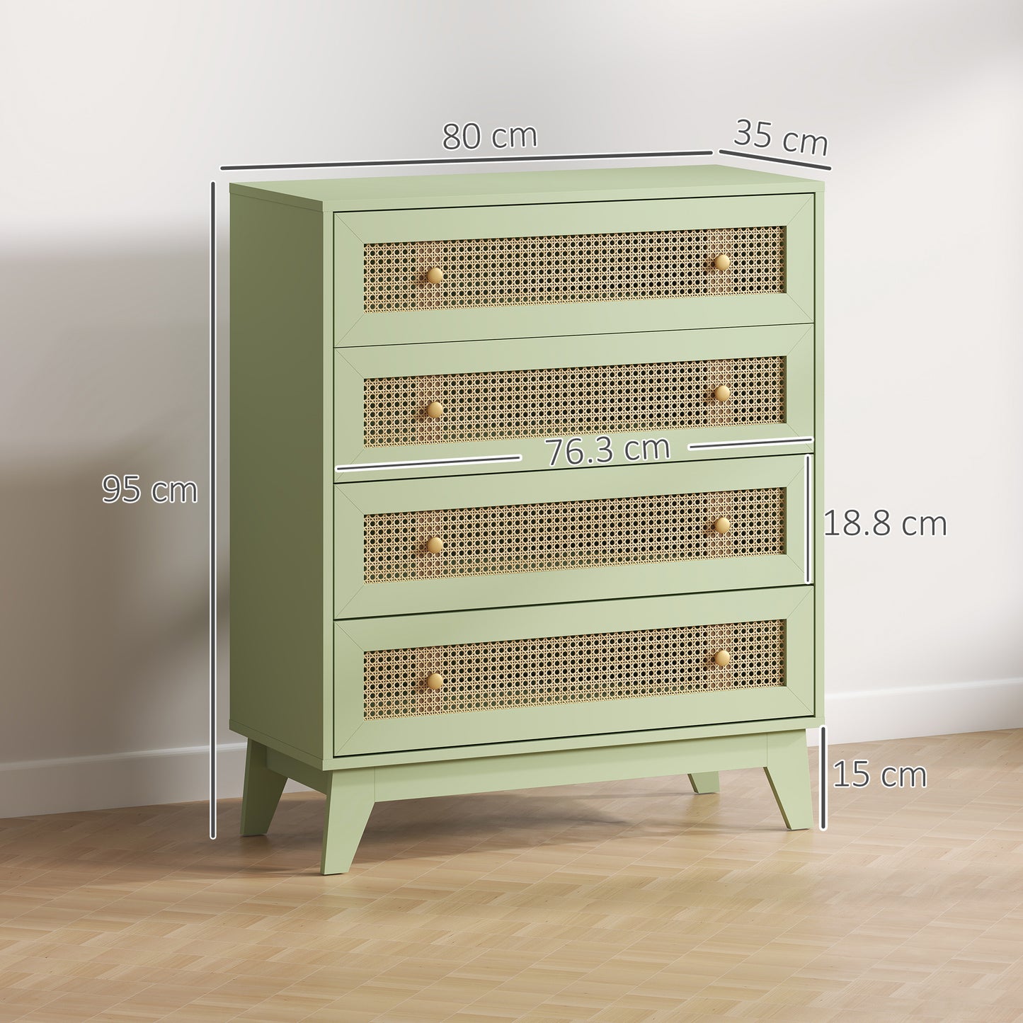 HOMCOM Rattan Chest of Drawers, 4 Drawer Storage Unit with Tapered Legs, Bedroom Storage Organiser Dresser for Bedside, Entryway, Hallway, Living Room, Light Green