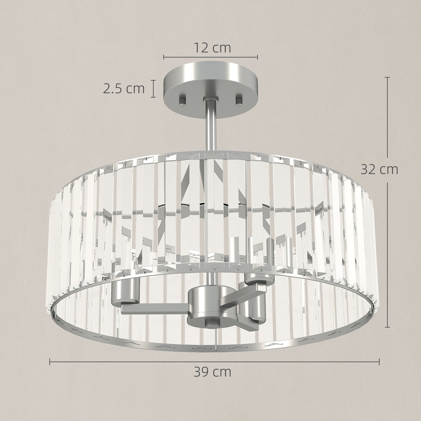 HOMCOM Crystal Ceiling Light Fixture, Semi Flush Mount Modern Crystal Chandelier Ceiling Light for Living Room, Bedroom, Hallway, Dining Room, E14 Base 3-Lights, Bulbs Not Included, Silver Tone