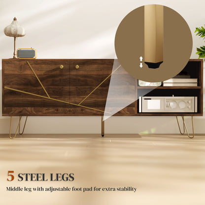Brown TV cabinet with five slim steel legs and an adjustable center foot