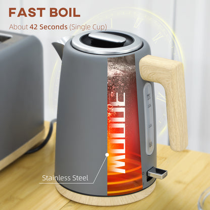 Grey stainless steel kettle with wood-look handle and water level window