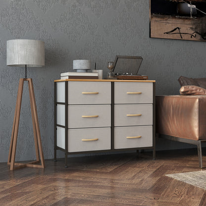 Cream fabric chest of drawers with six drawers and a wood top in a living room