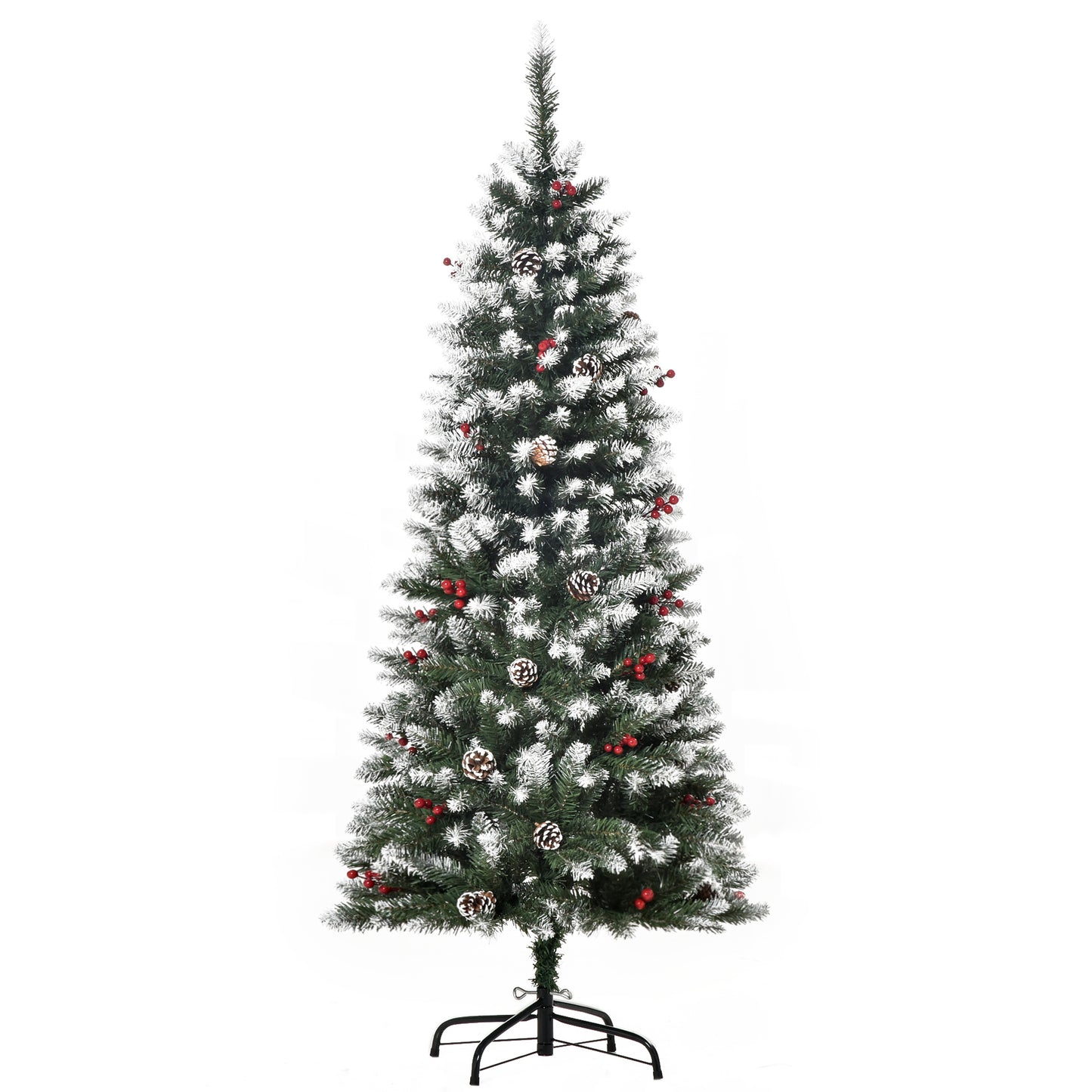 Photo of HOMCOM 5FT Artificial Christmas Tree Xmas Pencil Tree with Red Berries and Pinecones Holiday Home Indoor Decoration with Foldable Feet, Green in Green colour on a white background