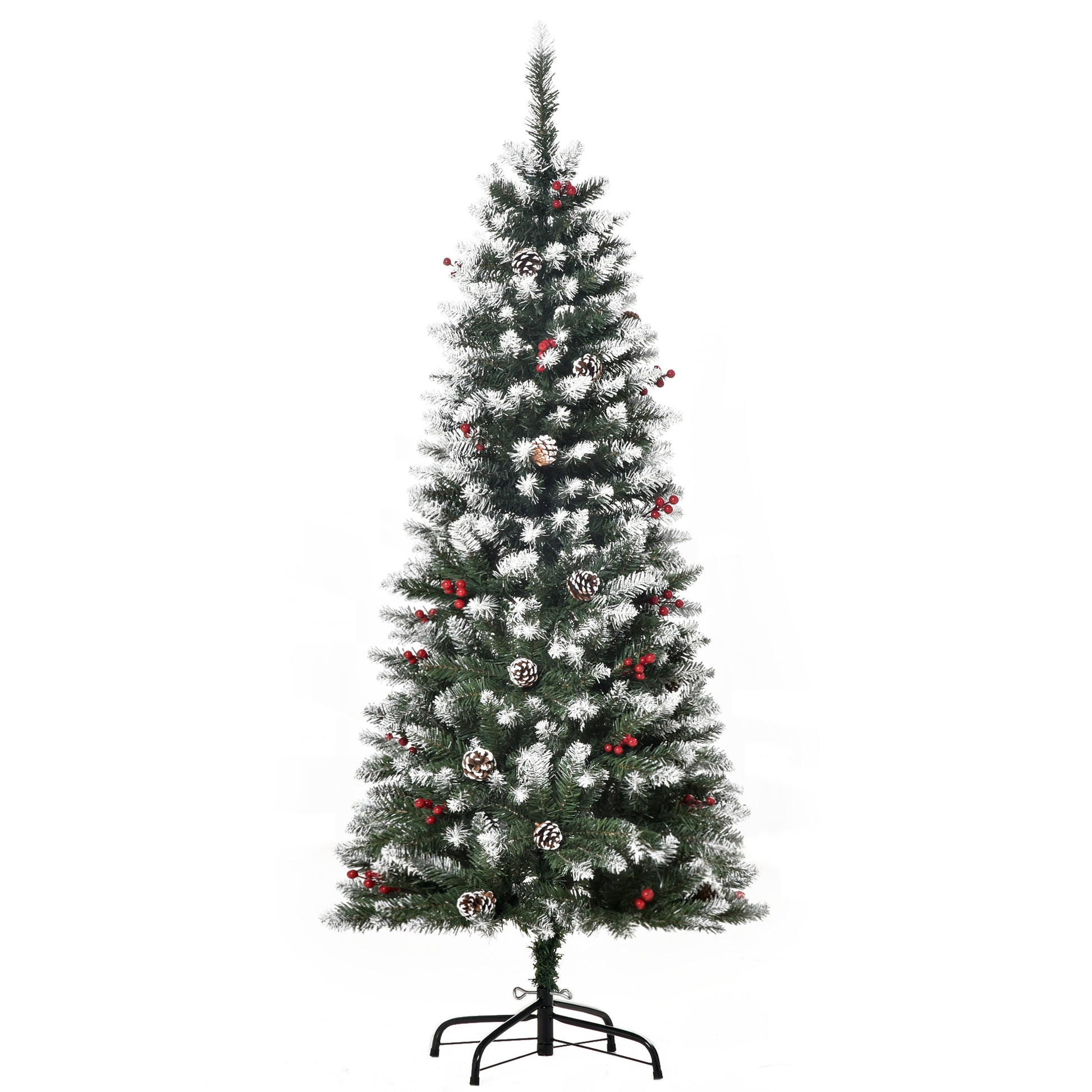 Photo of HOMCOM 5FT Artificial Christmas Tree Xmas Pencil Tree with Red Berries and Pinecones Holiday Home Indoor Decoration with Foldable Feet, Green in Green colour on a white background