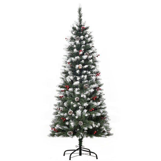 Photo of HOMCOM 5FT Artificial Christmas Tree Xmas Pencil Tree with Red Berries and Pinecones Holiday Home Indoor Decoration with Foldable Feet, Green in Green colour on a white background