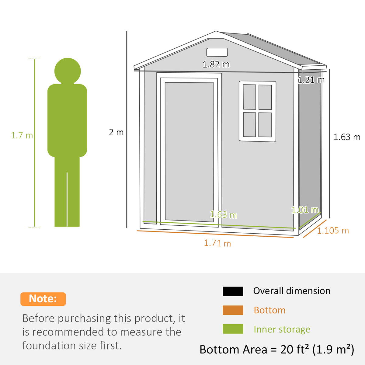 Garden shed dimension diagram showing exterior measurements and interior storage area