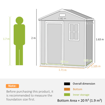 Garden shed dimension diagram showing exterior measurements and interior storage area