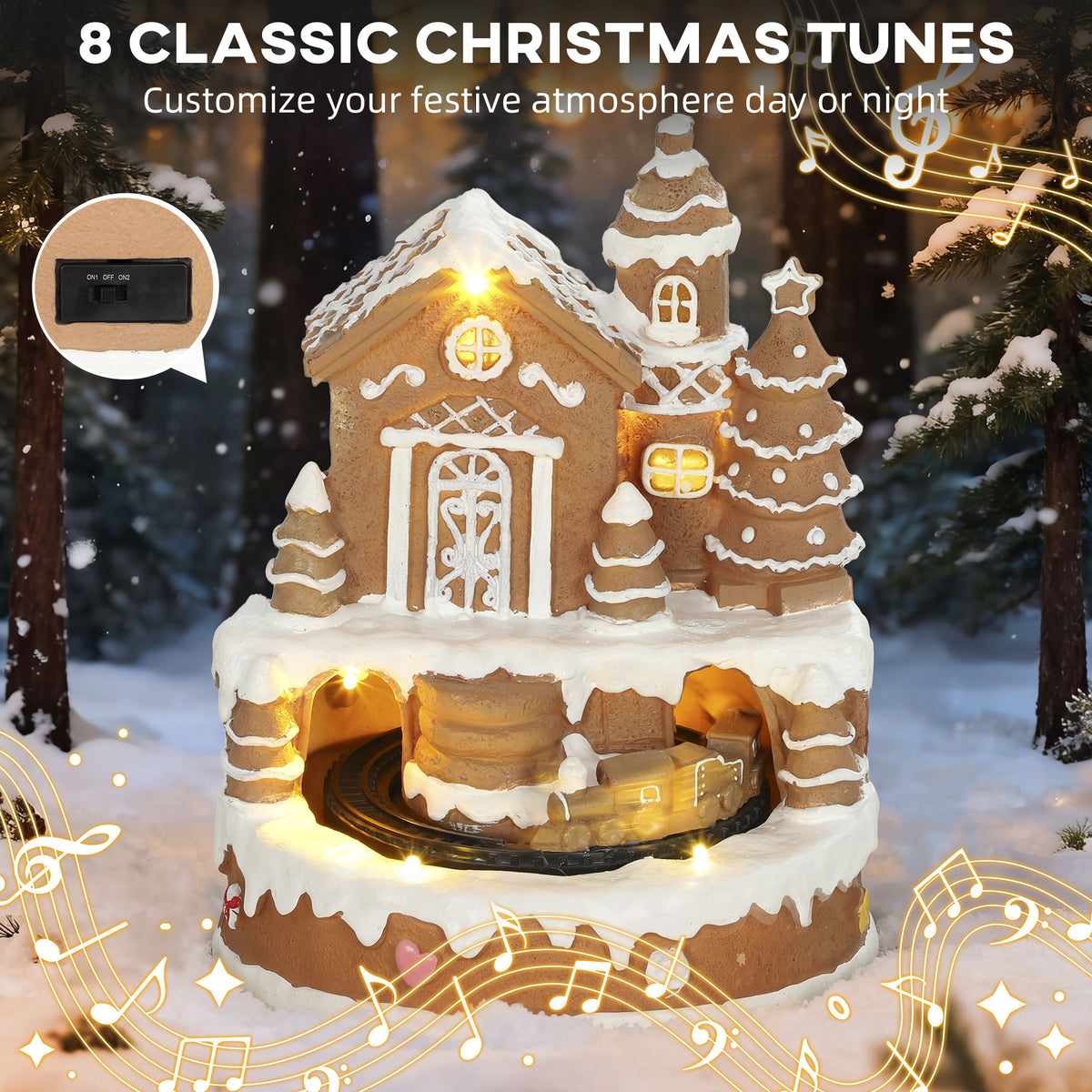 HOMCOM Christmas Gingerbread House, Lighted Musical Snow Village with Rotating Train, LEDs, Tunes, Battery Operated