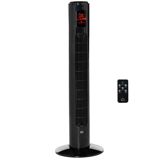 Photo of HOMCOM 38'' Freestanding Tower Fan, 3 Speed 3 Mode, 12h Timer, 70 Degree Oscillation, LED Panel, 5M Remote Controller, Black in Black colour on a white background