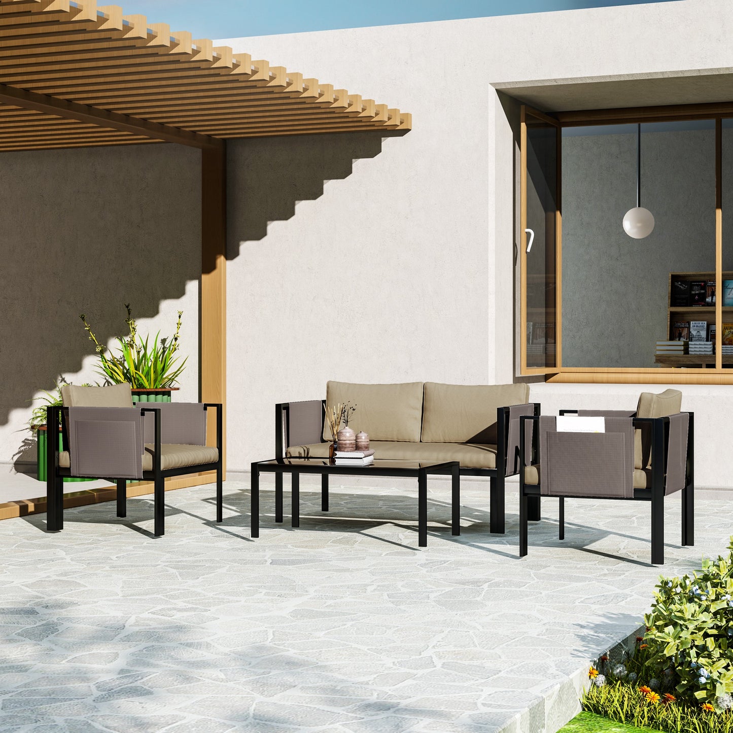 Outsunny 4 Piece Metal Garden Furniture Set with Loveseat, Breathable Texteline Chairs and Glass Coffee Table for Patio, Balcony & Outdoor, Khaki