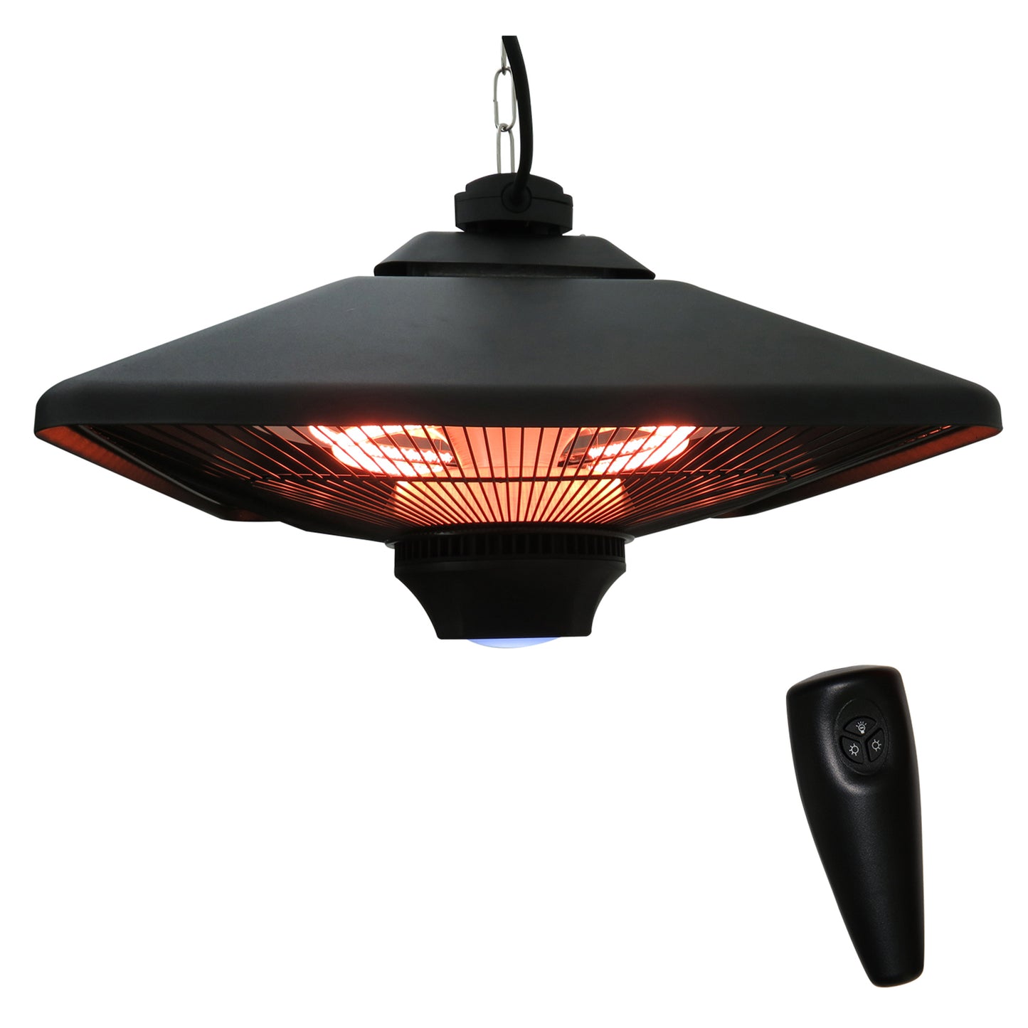 Photo of Outsunny Hanging Electric Patio Heater with 2 Power Settings, 1000/2000W Waterproof Ceiling Mounted Aluminium Halogen Infrared Outdoor Heater Warmer with LED Light and Remote Control, Black in Black colour on a white background