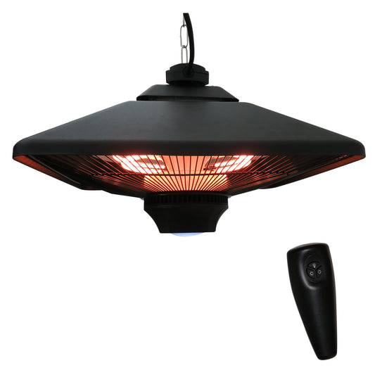 Photo of Outsunny Hanging Electric Patio Heater with 2 Power Settings, 1000/2000W Waterproof Ceiling Mounted Aluminium Halogen Infrared Outdoor Heater Warmer with LED Light and Remote Control, Black in Black colour on a white background