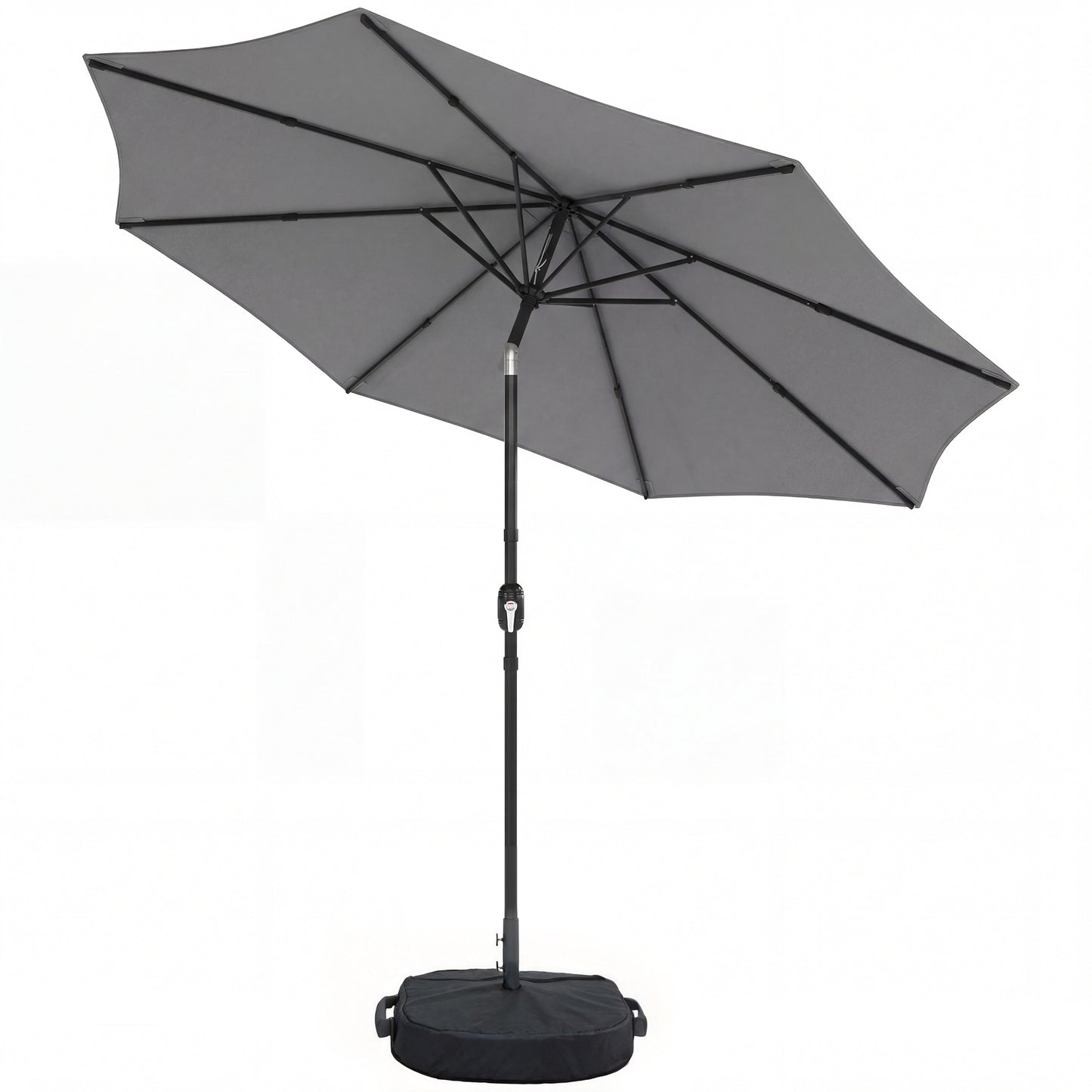 Photo of Outsunny 2.7 m Garden Parasol Umbrella with Cross Base and Sandbag, Retractable Ribs, Outdoor Table Market Umbrella, Light Grey in Grey colour on a white background