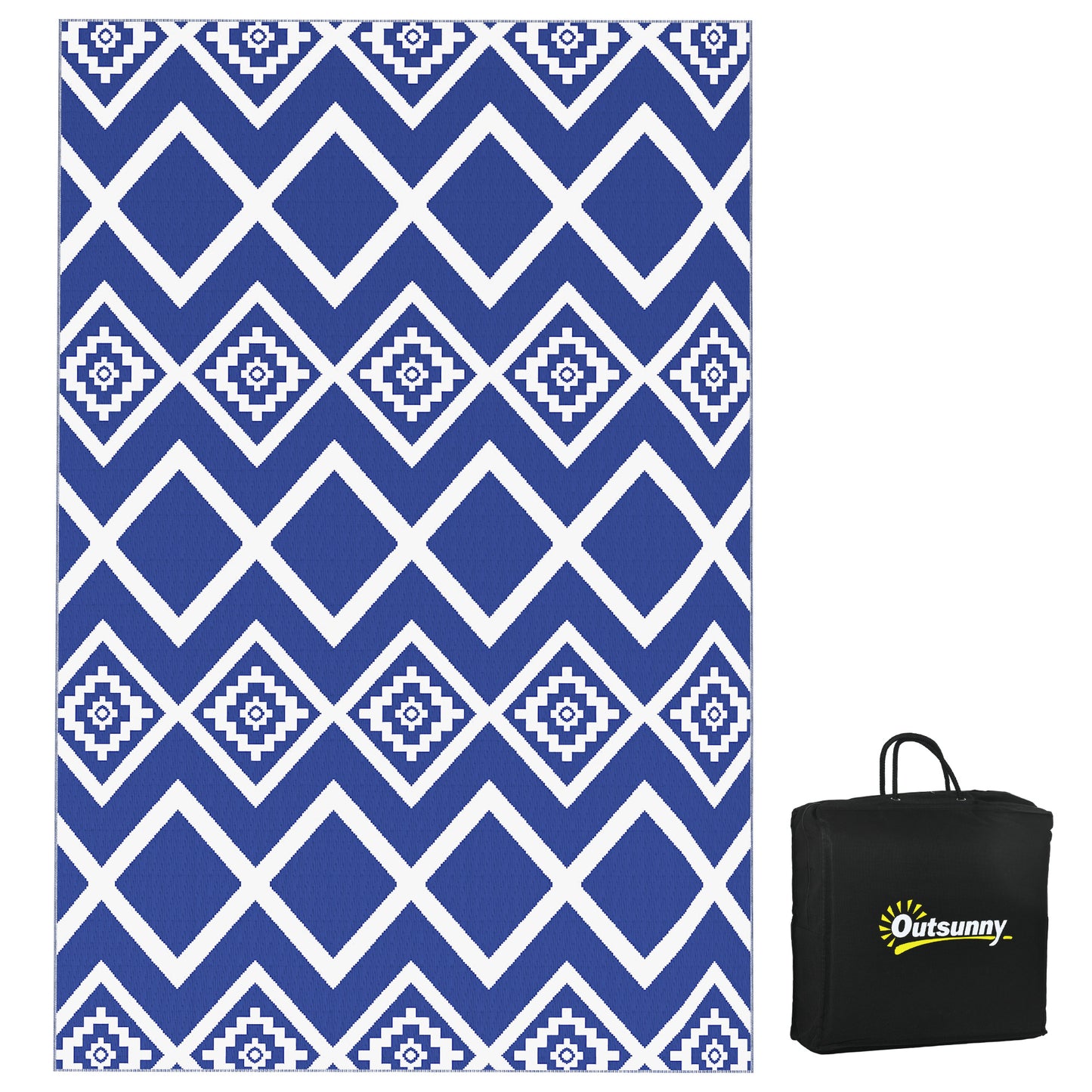 Photo of Outsunny Plastic Straw Reversible RV Outdoor Rug with Carry Bag, 182 x 274cm, Blue and White in White colour on a white background