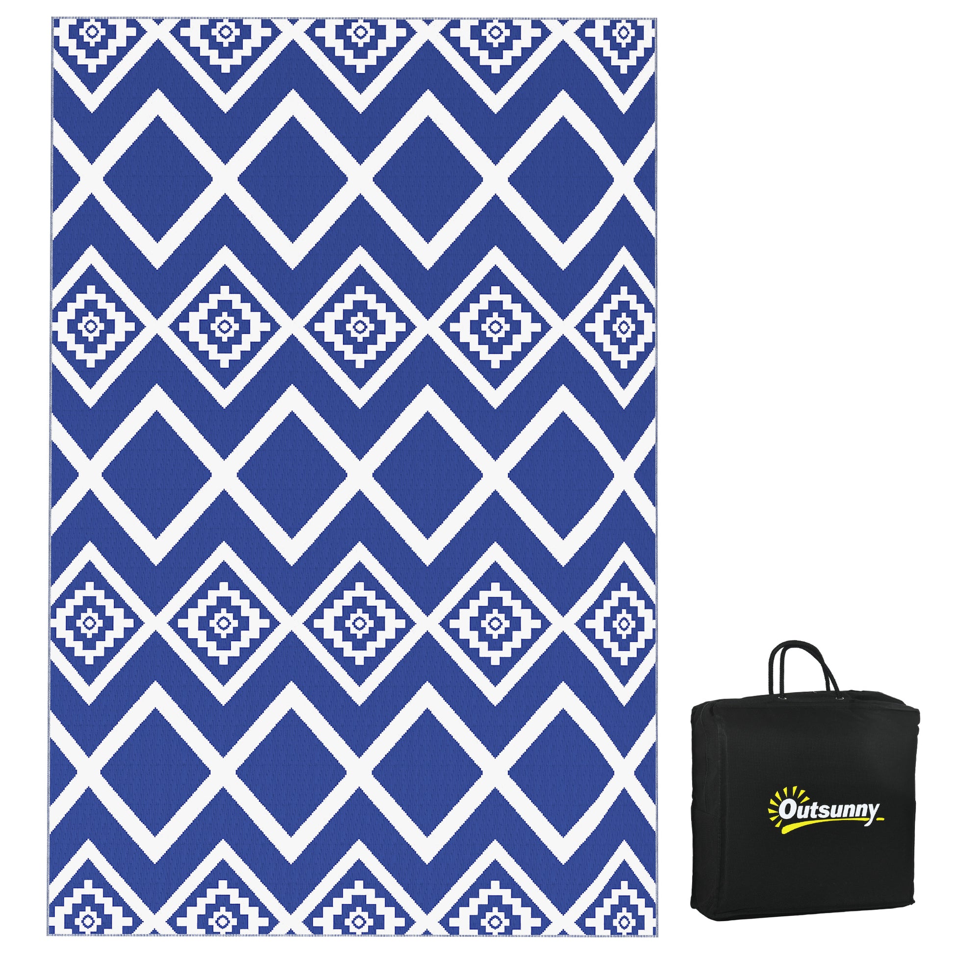 Photo of Outsunny Plastic Straw Reversible RV Outdoor Rug with Carry Bag, 182 x 274cm, Blue and White in White colour on a white background