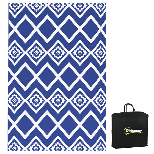 Photo of Outsunny Plastic Straw Reversible RV Outdoor Rug with Carry Bag, 182 x 274cm, Blue and White in White colour on a white background