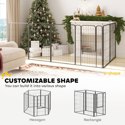 Black dog playpen arranged in an L shape, with examples of hexagonal and rectangular setups