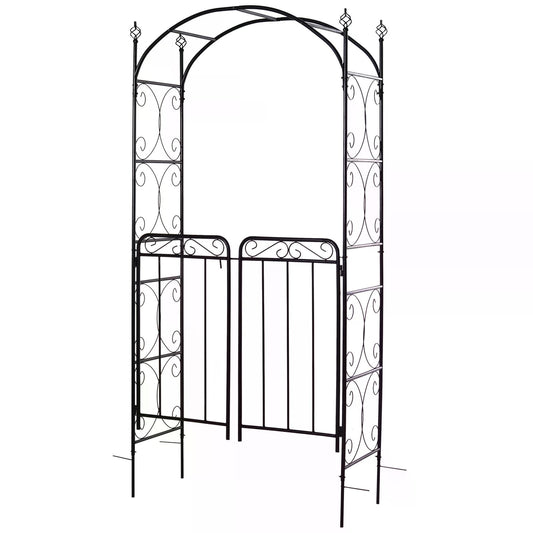 Photo of Outsunny Garden Decorative Metal Arch with Gate Outdoor Patio Trellis Arbor for Climbing Plant Archway Antique Black - 108L x 45W x 215Hcm in 215Hcm colour on a white background