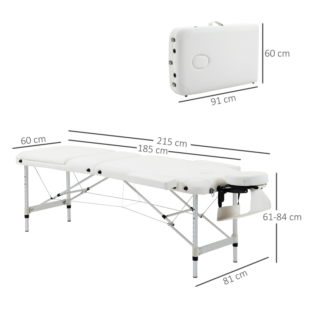White foldable massage table with aluminum legs, removable headrest, and dimensions shown