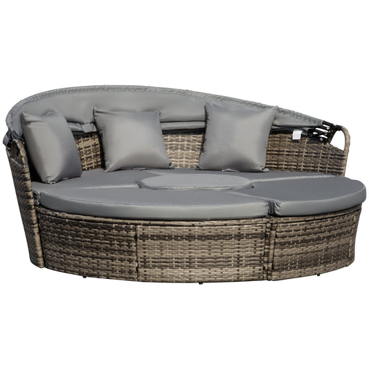 Photo of Outsunny Outdoor PE Rattan Garden Furniture with Cushioned, Patio Wicker Conversation Furniture Set, Round Daybed with Retractable Canopy, Coffee Table and Three Pillows, Dark Grey/Grey in Grey/Grey colour on a white background