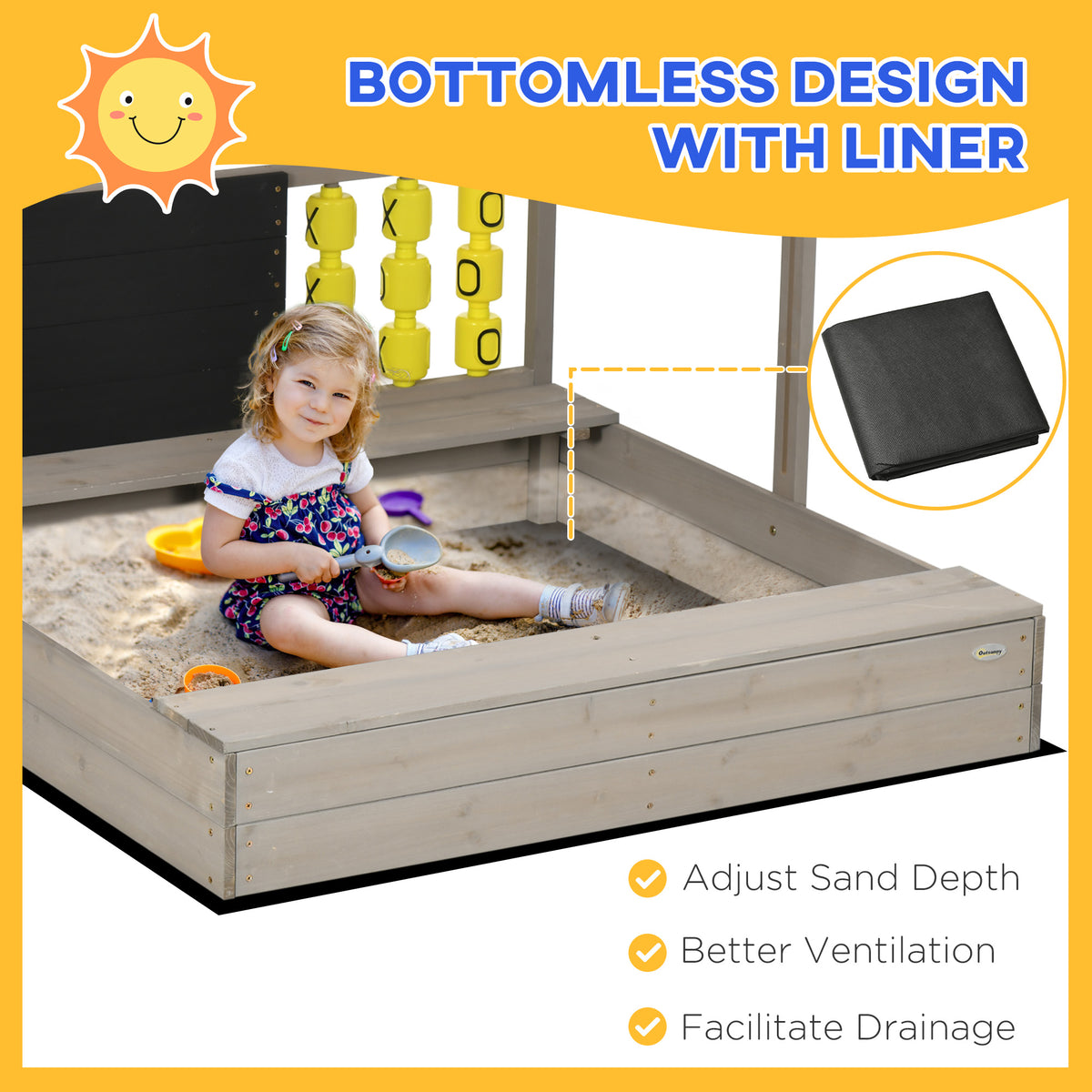 Outsunny wooden sandpit with liner, adjustable sand depth and built-in game board