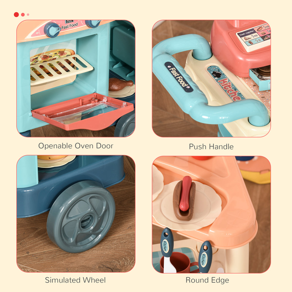 Kids' fast-food trolley playset details: opening oven, push handle, wheel and rounded counter edge
