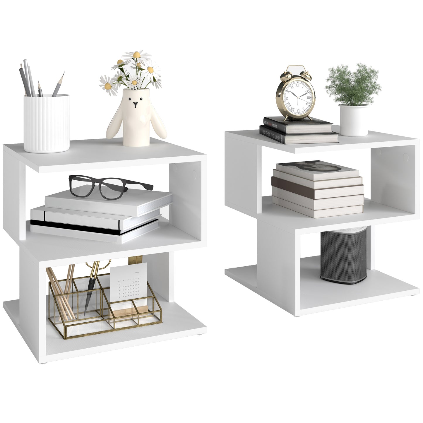 Photo of HOMCOM Set of 2 Side Table, Square Coffee Table, Modern End Table with 2 Tier Storage Shelves for Living Room, Bedroom, White in White colour on a white background