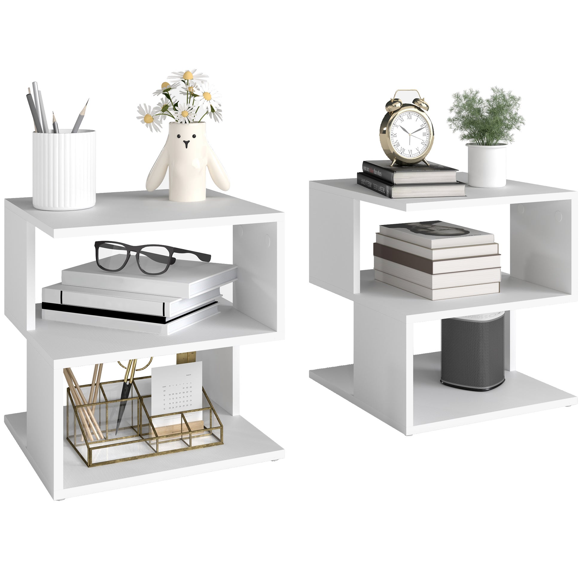 Photo of HOMCOM Set of 2 Side Table, Square Coffee Table, Modern End Table with 2 Tier Storage Shelves for Living Room, Bedroom, White in White colour on a white background
