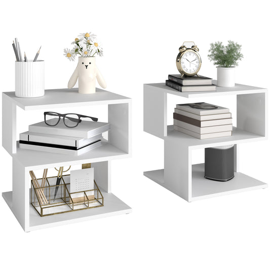 Photo of HOMCOM Set of 2 Side Table, Square Coffee Table, Modern End Table with 2 Tier Storage Shelves for Living Room, Bedroom, White in White colour on a white background