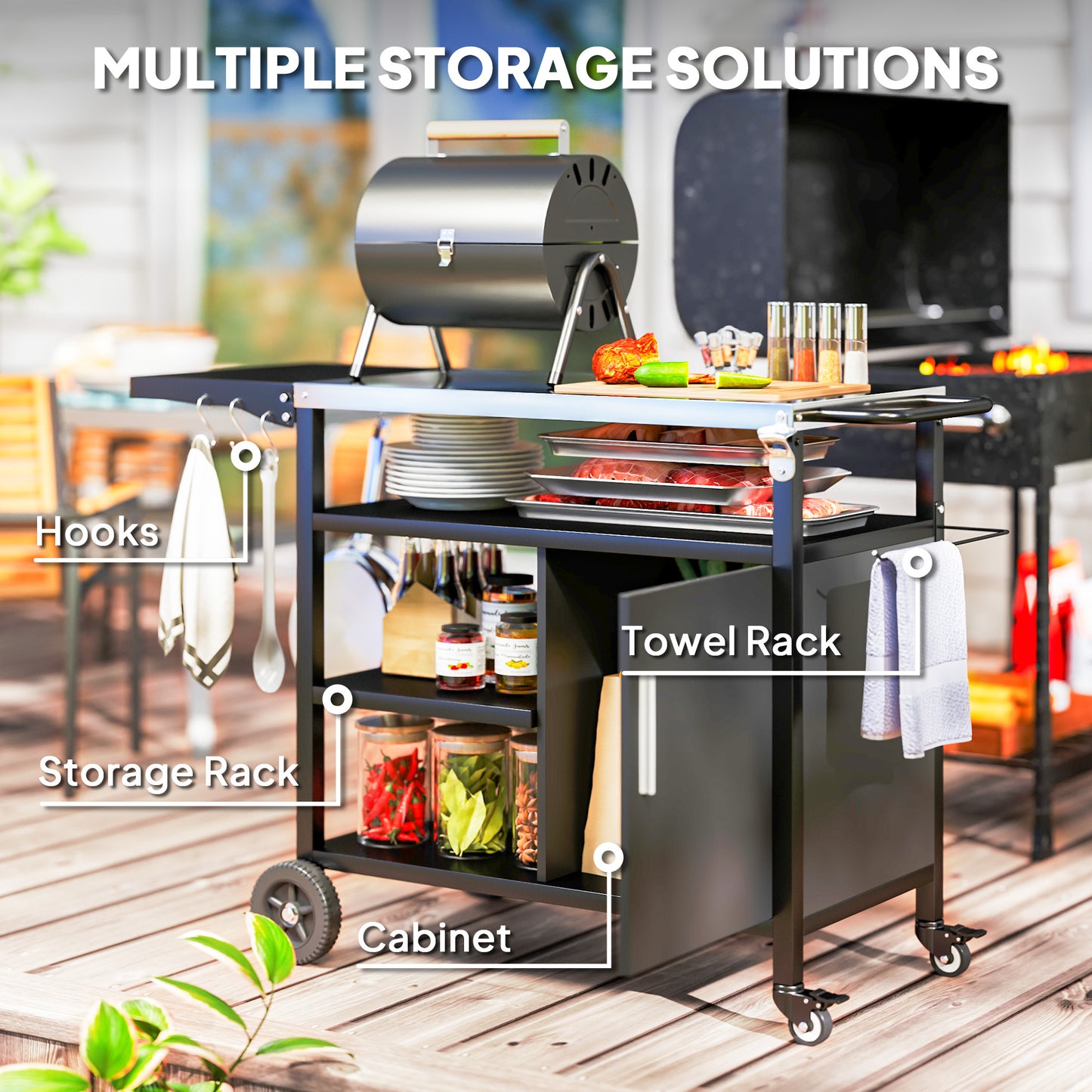 Outsunny Outdoor BBQ Trolley with Foldable Side Table, Stainless Steel Top, Outdoor Kitchen with Wheels Hooks Shelves Cabinet, Pizza Oven Table Movable Barbecue Grill Dining Cart with Cover, Black