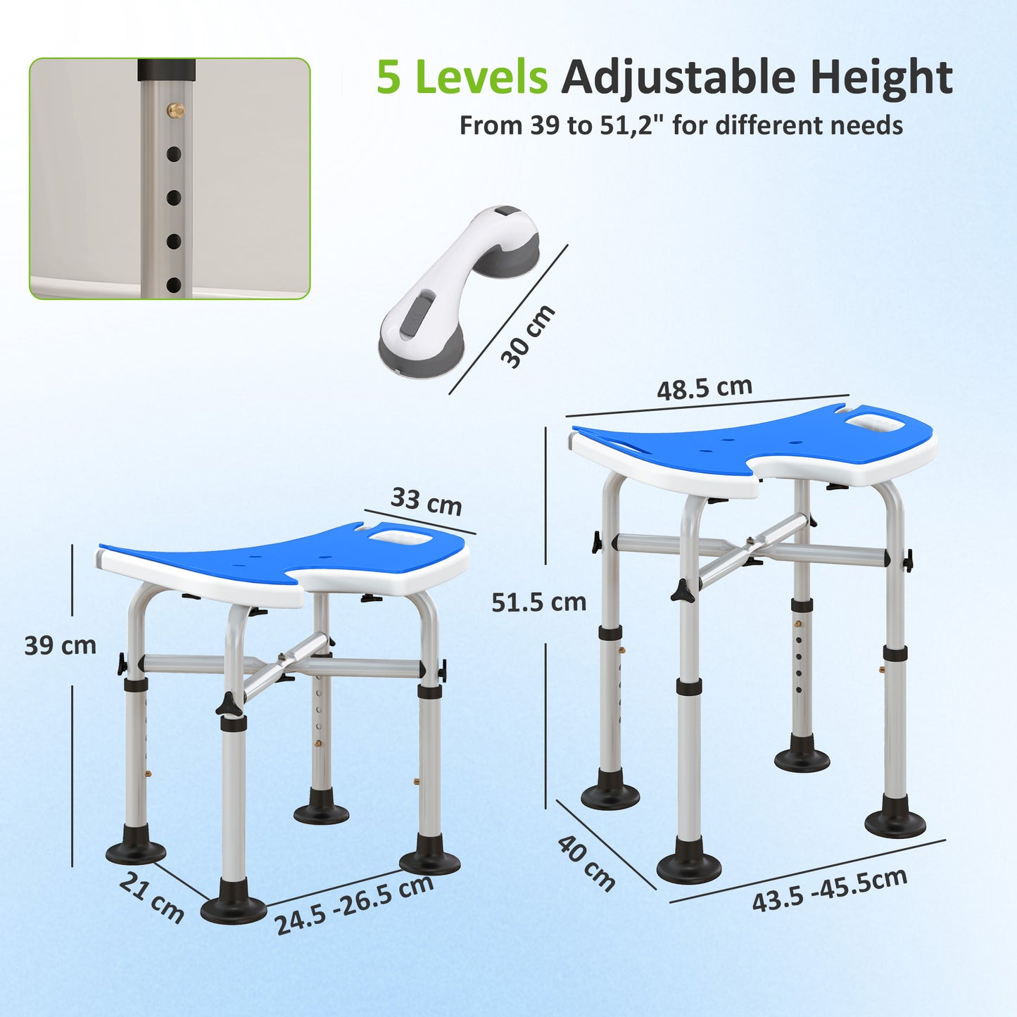 HOMCOM 39-51.5cm 'U' Seat Padded Shower Stool - Dark Blue
