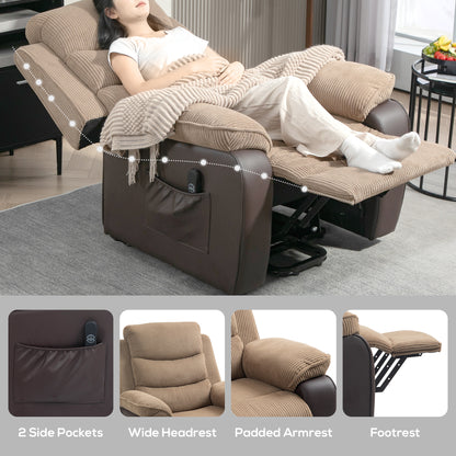 Electric lift recliner extended with footrest, side pockets and padded arms