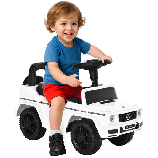 HOMCOM white G-Class toddler ride-on car with black wheels and steering wheel