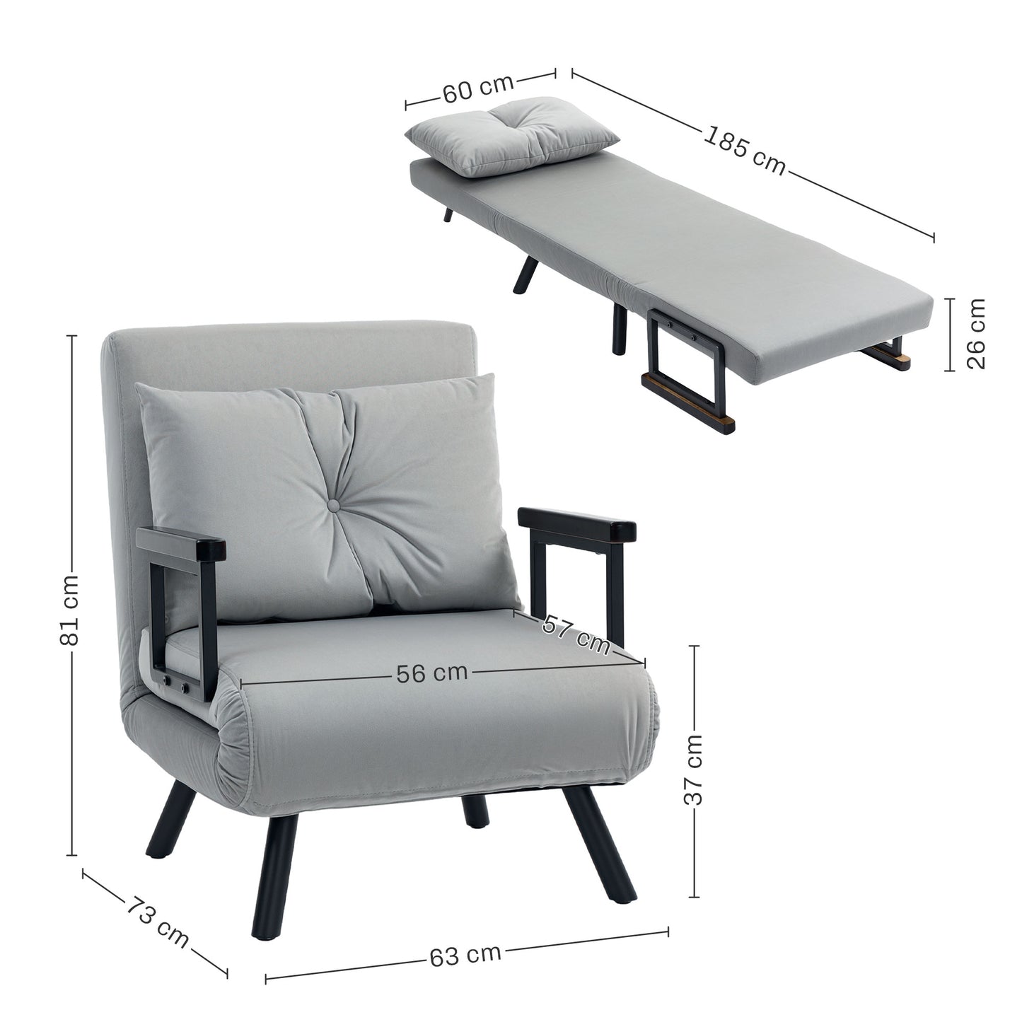 HOMCOM 4-in-1 Velvet-Feel Single Chair Bed, with Pillow - Light Grey