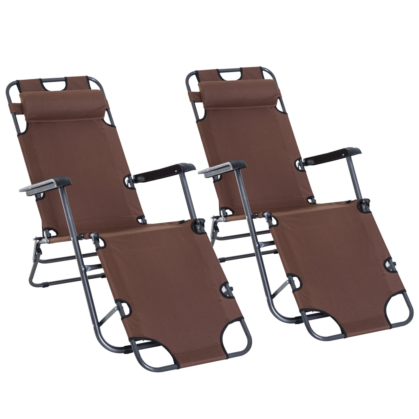 Photo of Outsunny 2 in 1 Folding Sun Lounger Reclining Garden Chair Set of 2 with 2-Level Adjustable Backrest, Outdoor Zero Gravity Recliner Garden Chairs with Head Pillow and Armrests, Brown in Brown colour on a white background