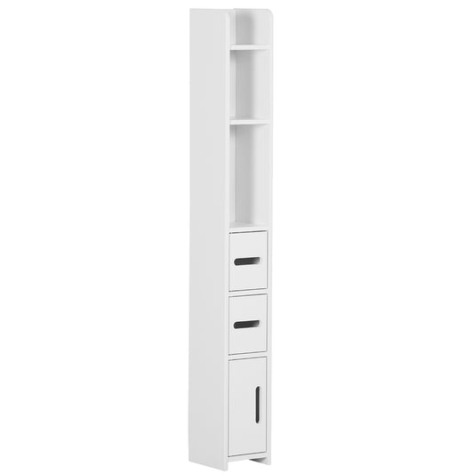 White freestanding bathroom cabinet with three open shelves and two drawers above a door